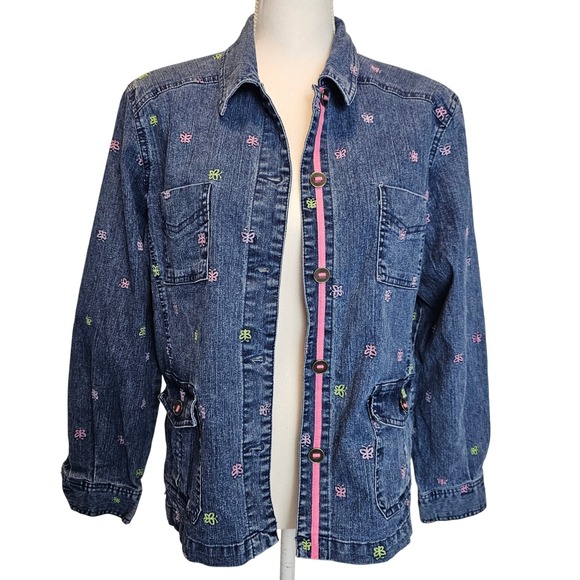 Butterfly Embroidered Y2K Pink Green Denim Jacket Alfred Dunner Size 10 Petite - Picture 1 of 8